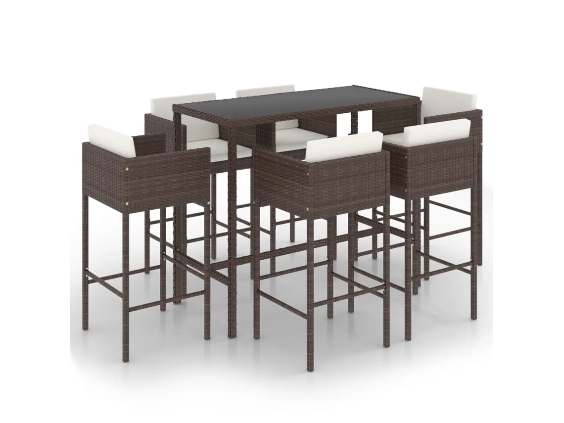 Conjunto de Bar de Jardim de 7 Peças com Almofadas de Vime Sintético Marrom