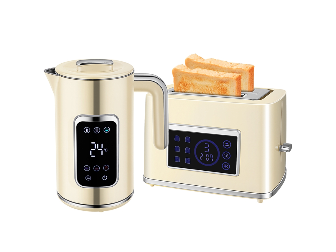 Conjunto De Chaleira E Torradeira Com Tela Sensível Ao Toque Led, 1,7 L, 2 Ranhuras Para Torradeira, Vários Modos E Funções, Branco Creme Btforus