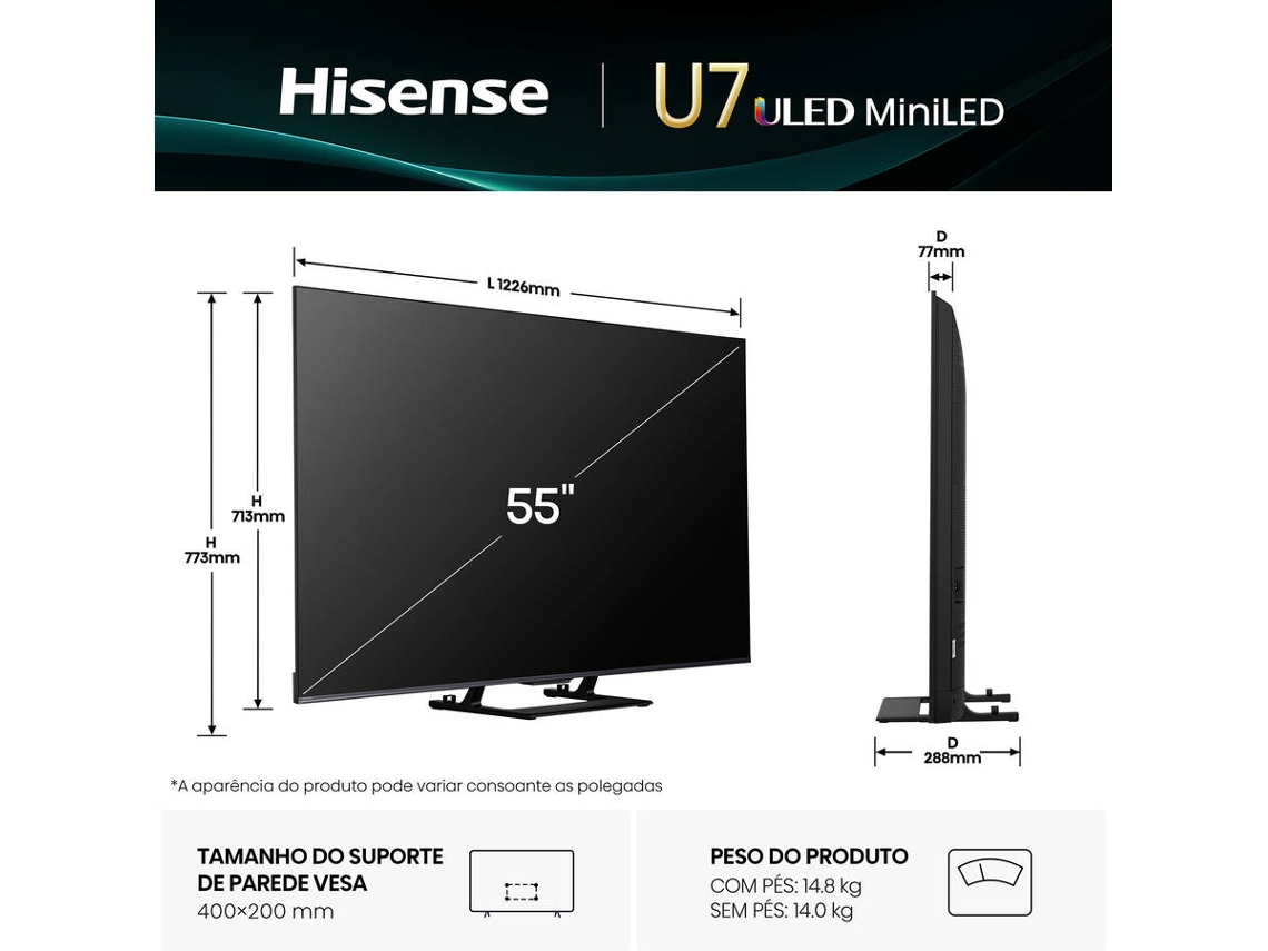 TV HISENSE 55U7Q (MiniLED - 55'' - 140 cm - 4K Ultra HD - Smart TV)