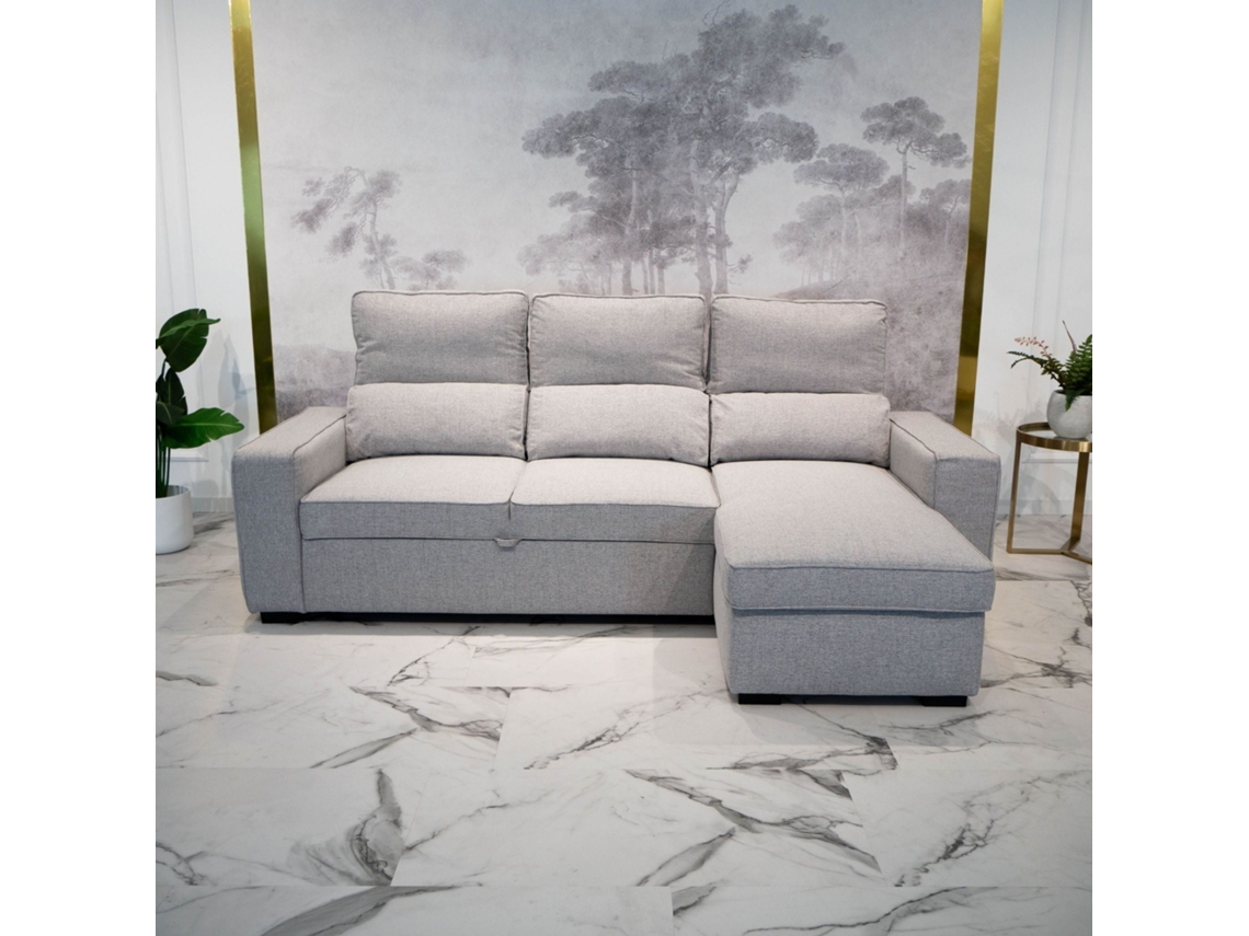 Sofá Cama 3 Lugares BUDWING Harper Cinzento + Chaise Longue + Arrumação Integrada (248,5 x 117 x 90 cm - Reversível Lado Direito/Esquerdo)