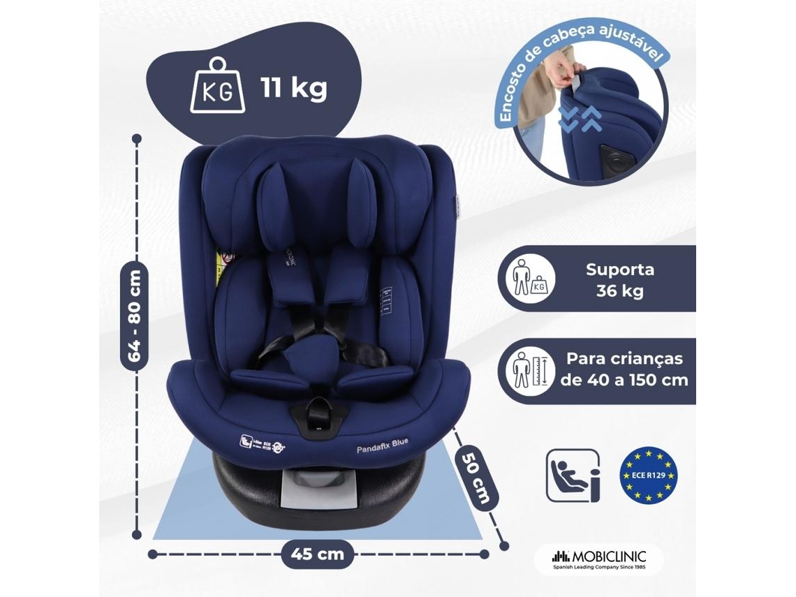 Cadeira auto MOBICLINIC Pandafix giratória 360º Reclinável Top Tether Ajustável Azul (40-150 cm - 0-12 anos)