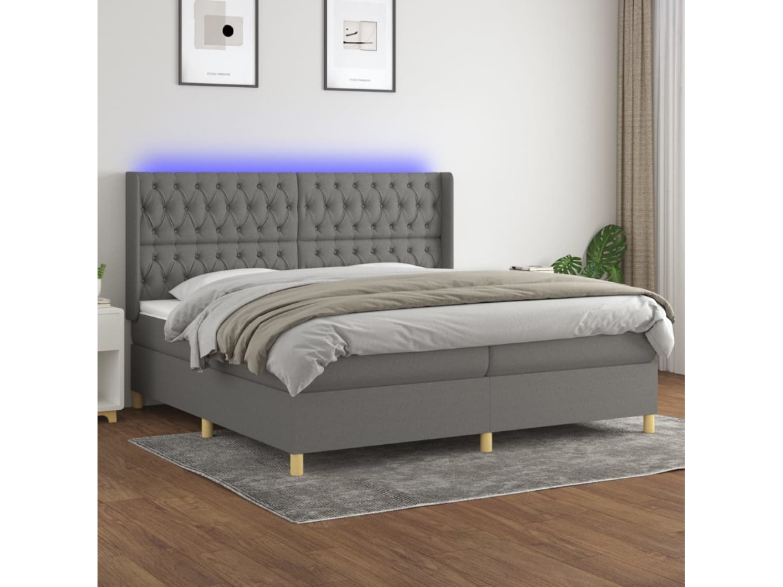 Cama Box Spring VIDAXL Colchão/LED (Cinzento - Tecido - 200 x 200 cm)