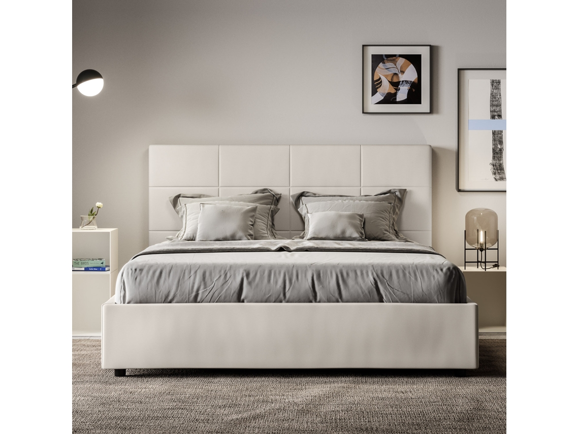 Cama de Casal Queen Size Con Estrado Estofada MikaITYHOME (160 x 190 cm - Painéis de Melamina e Couro Sintético)