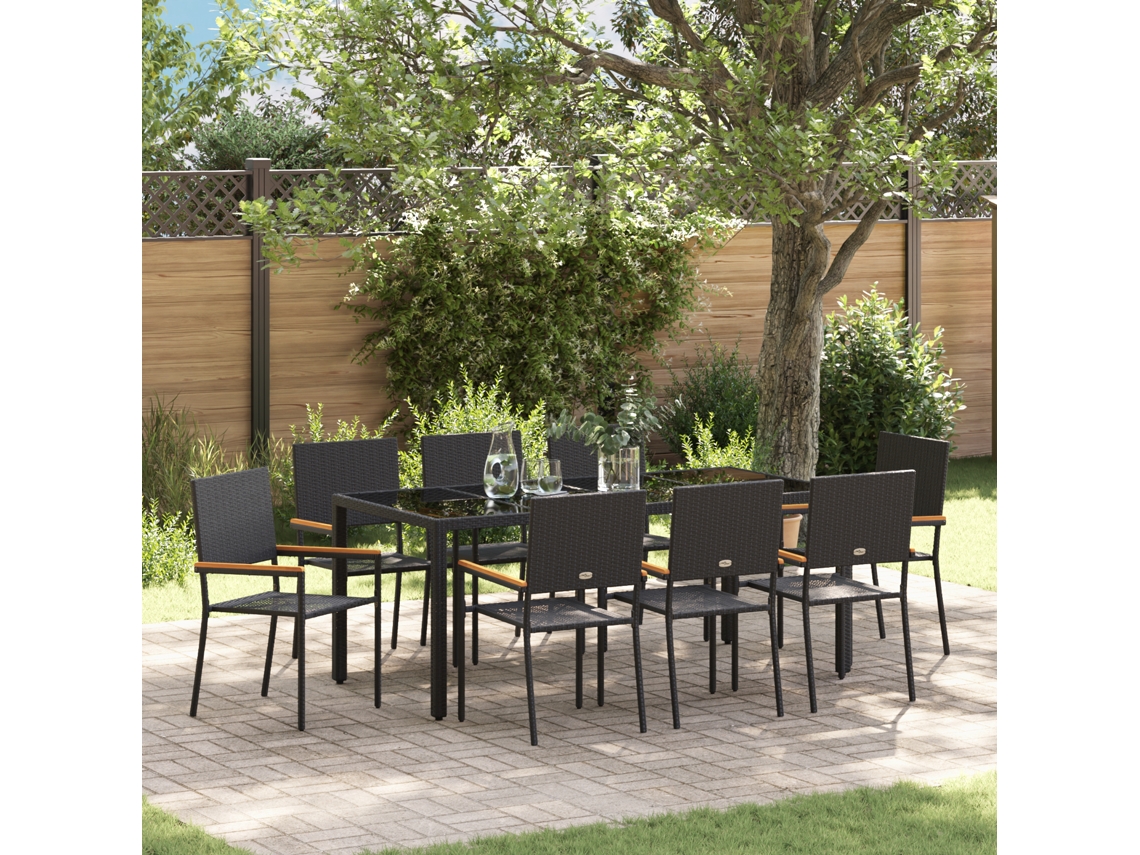 Conjunto 9 De Jantar De Jardim De Vidaxl Preto Rattan Polimérico  Preto Vime