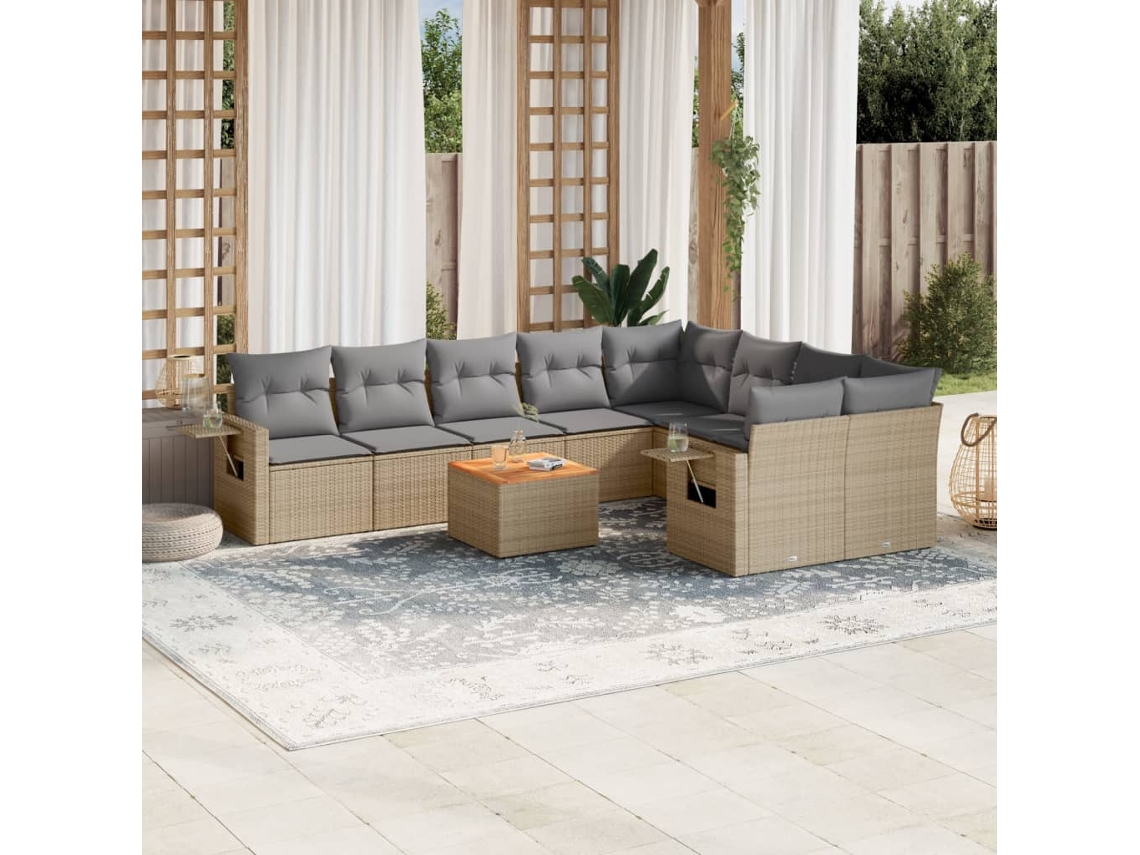 Conjunto 10 de sofás p/ jardim com almofadões VIDAXL vime PE bege