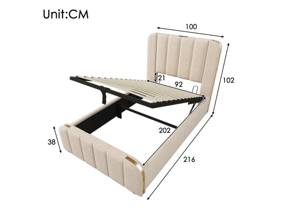 Cama De Solteiro Estofada, Cabeceira Estofada Com Listras Decorativas Douradas E Função De Carregamento Usb Tipo C 90200 Cm, Cama De Armazenamento