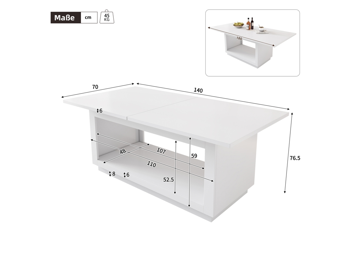 Mesa De Jantar Quadrada Extensível Moderna Branca 140/180x70x76,5cm Ideal Para Salas De Estar E Cozinhas Elegantes Echo