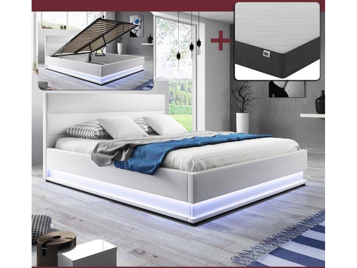 Cama com Colchão Nitas MÓVEIS BONITOS (Branco - LED - Polipele - Colchão 150x190cm - com Estrado Elevatório)
