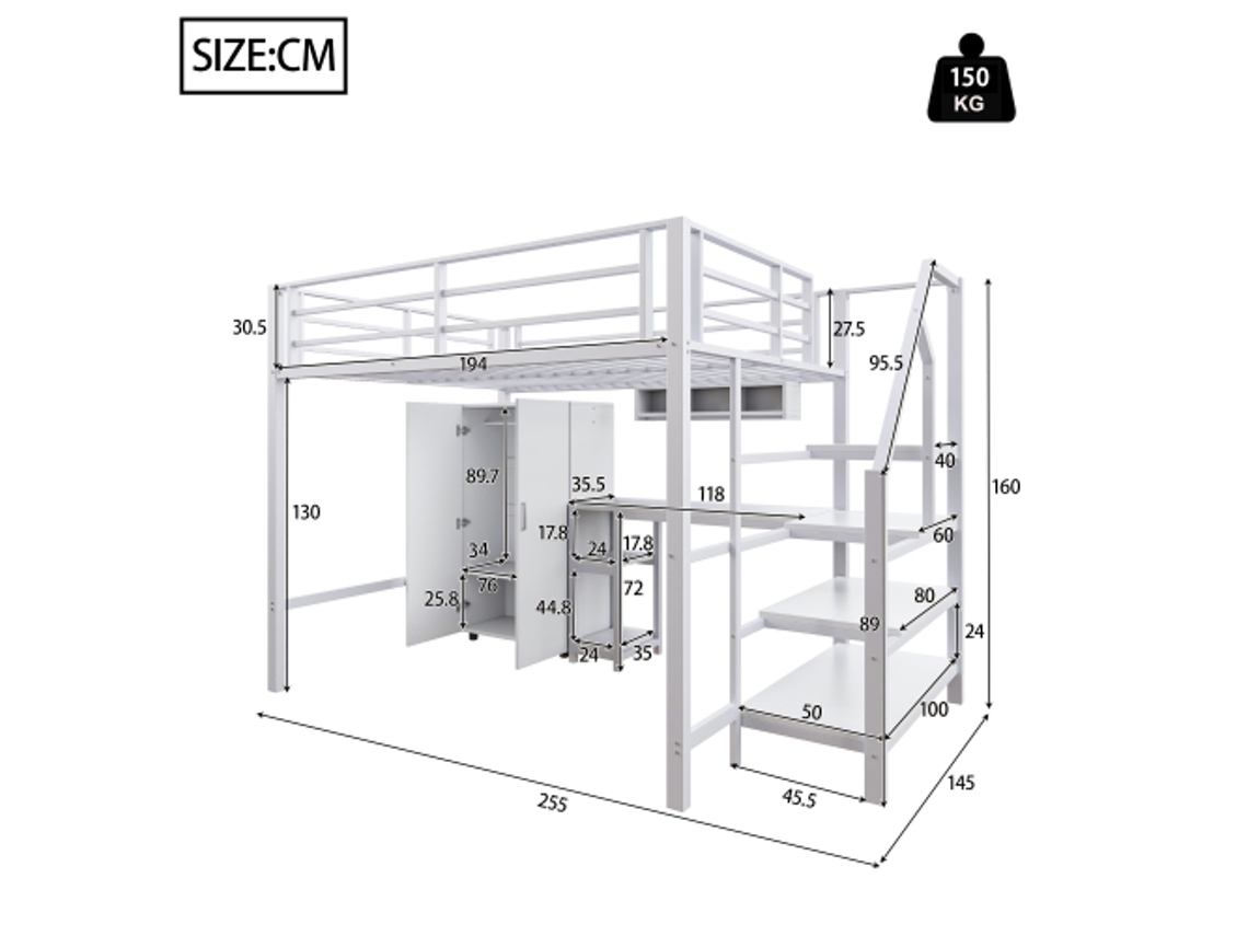 Cama Alta, 140200cm, Guarda-roupa, Prateleiras, Escada De Armazenamento, Escrivaninha, Sem Colchão, Branco