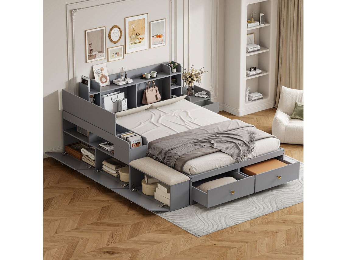 Cama Combinada Madeira Maciça Tatami Gavetas Armário Sofá-cama Cinza (140x200cm)