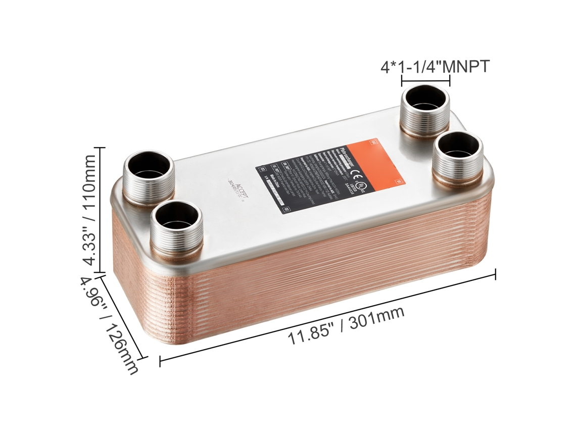 Permutador De Calor Succebuy Com 30 Placas, 41 1/4 Polegadas, Portas Mnpt, 5 X 12 Polegadas, Brasado, Aço 316l