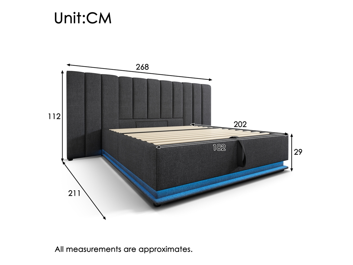 Cama Casal Estofada Cinza Linho Led App Usb-c Arrumação S/ Colchão (180x200cm)