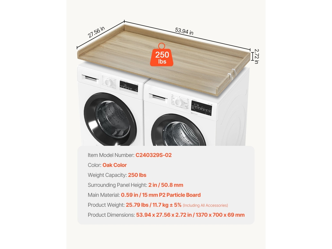 Bancada de Lavanderia Vevor para Máquina de Lavar e Secar em Madeira 137x70 cm Carvalho