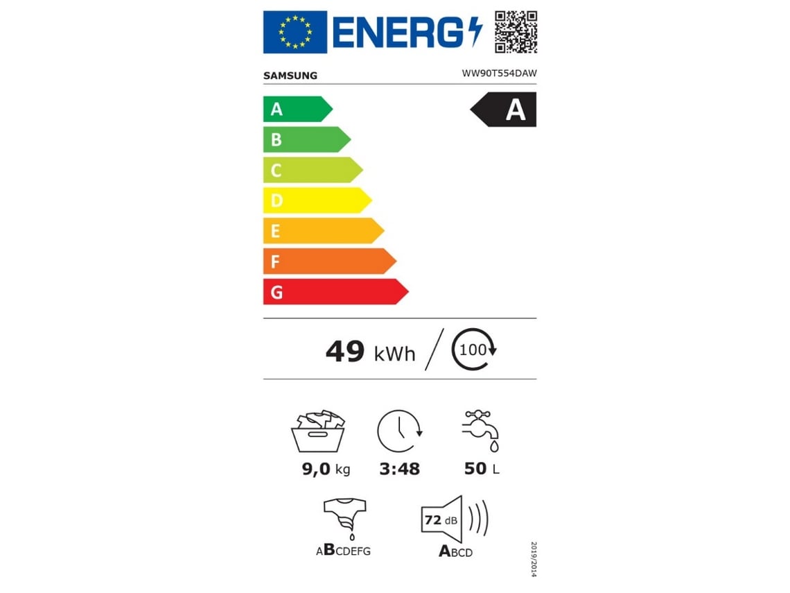 Máquina de Lavar Roupa SAMSUNG WW90T554DAWS3 (9 kg - 1400 rpm - Branco)
