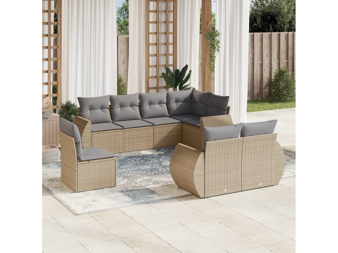Conjunto 8 de sofás p/ jardim VIDAXL com almofadões vime PE bege
