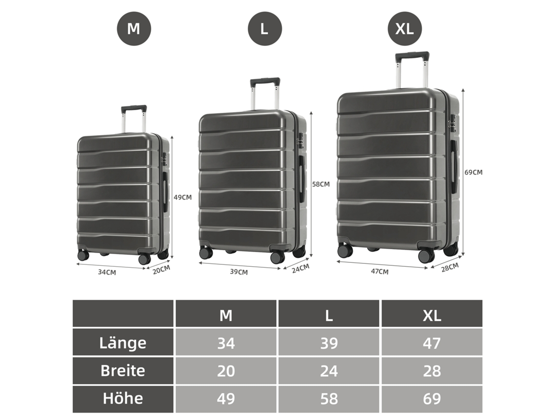 Conjunto De Malas Abs Pc 3 Peças M L Xl 20 24 28 Polegadas Rodas 360 Graus Fechadura Tsa Para Viagens Em Família Ou Negócios Mega Echo Trade Shop