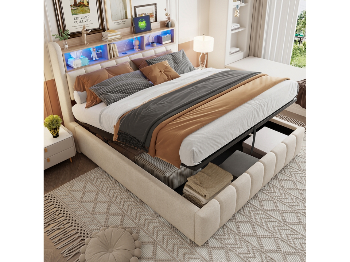 Cama Estofada 180 X 200 Cm Com Iluminação Led E Tomada Usb, Cabeceira Com Prateleiras E Espaço De Arrumação, Bege