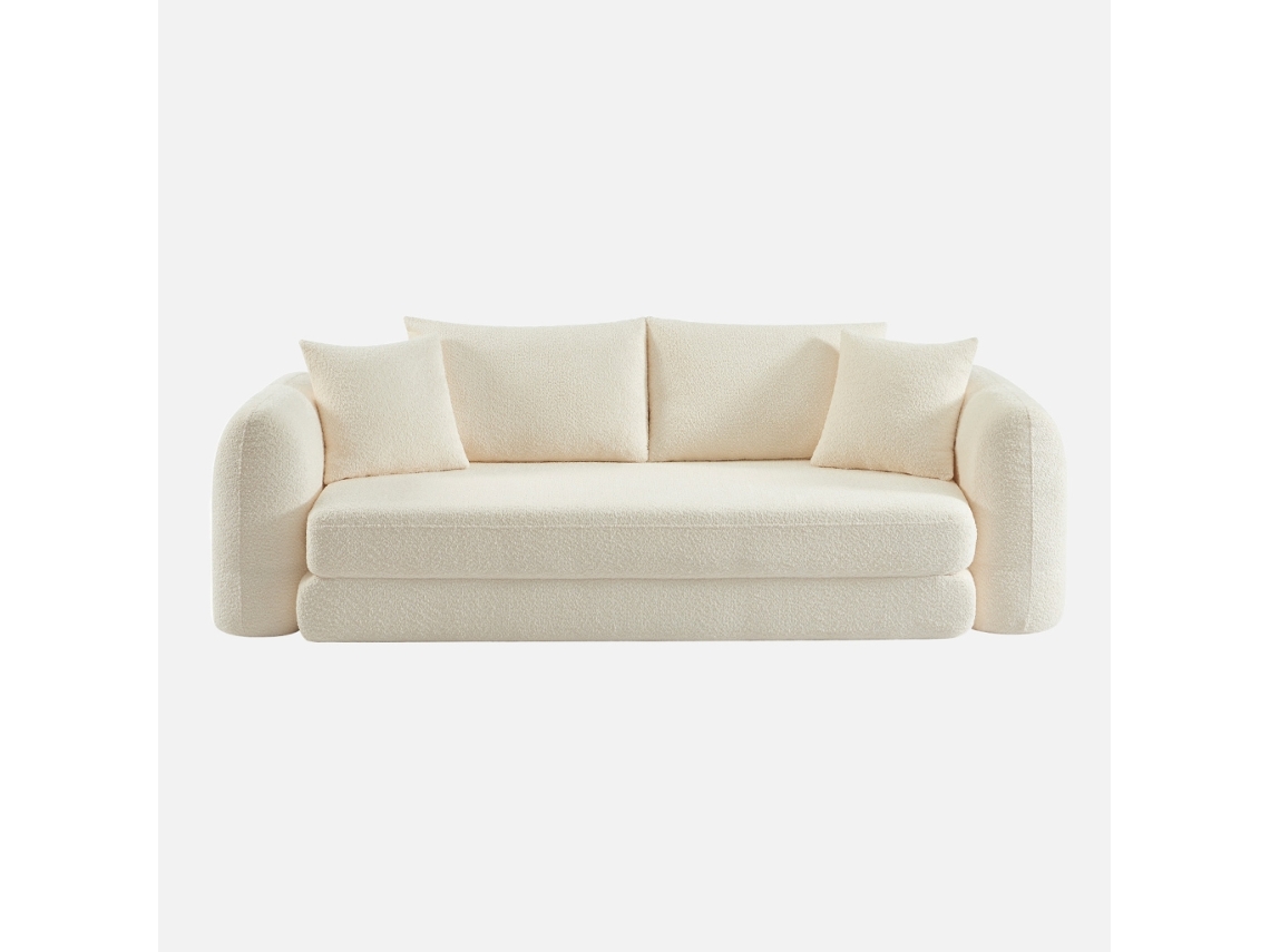 Sofá Cama Boucle Texturizada De 3 Lugares, Branco Sujo Sweeek