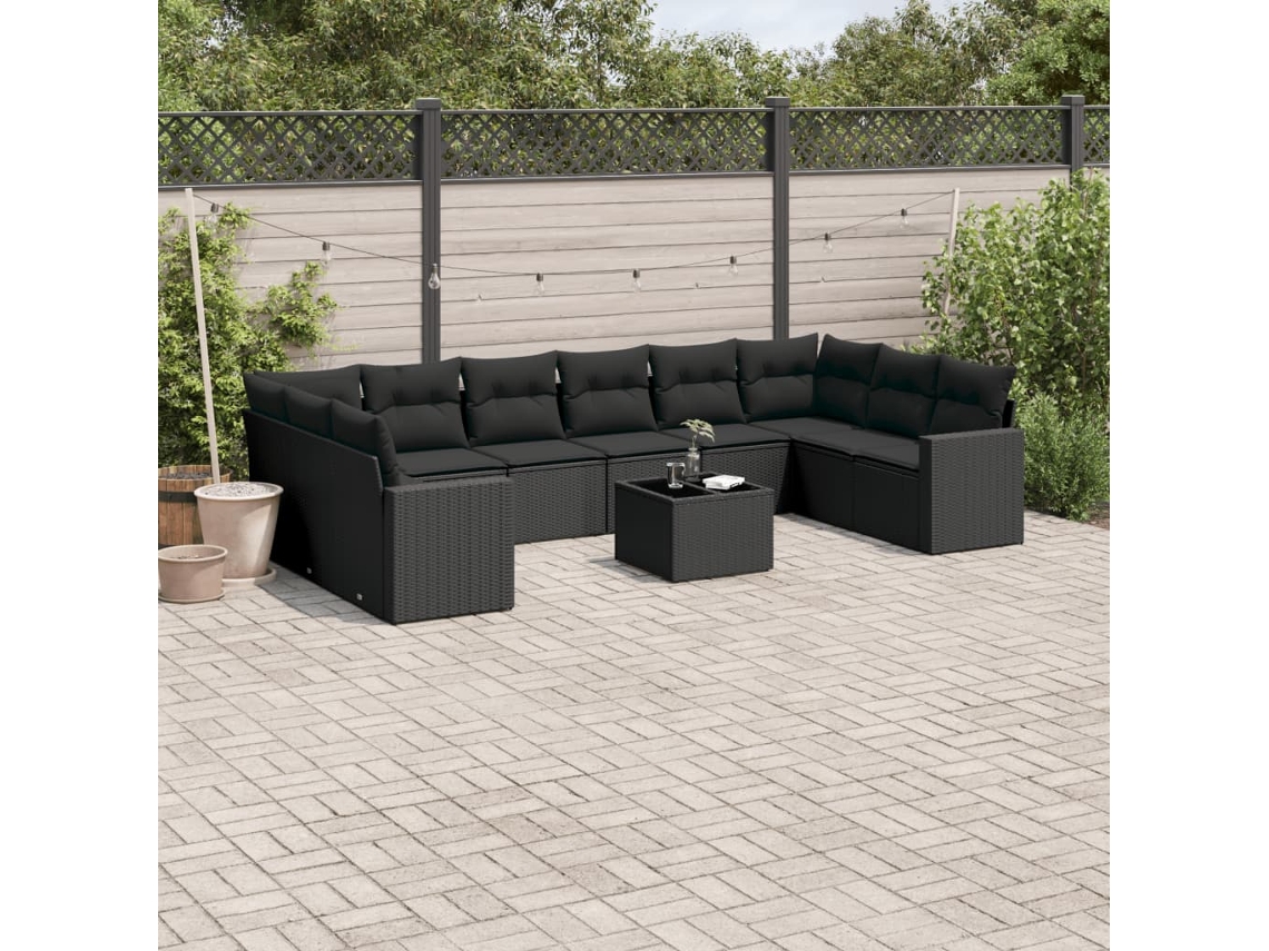 Conjunto 11 sofás de jardim c/ almofadões VIDAXL vime PE preto