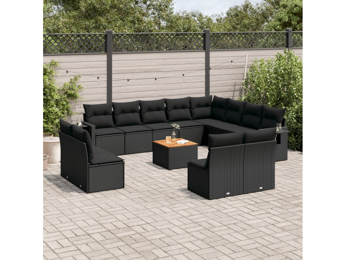 Conjunto 13 de sofás de jardim com almofadões VIDAXL vime PE preto