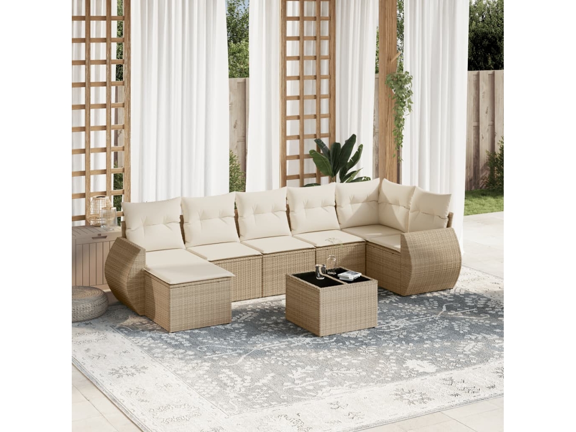 Conjunto 8 de sofás p/ jardim VIDAXL com almofadões vime PE bege