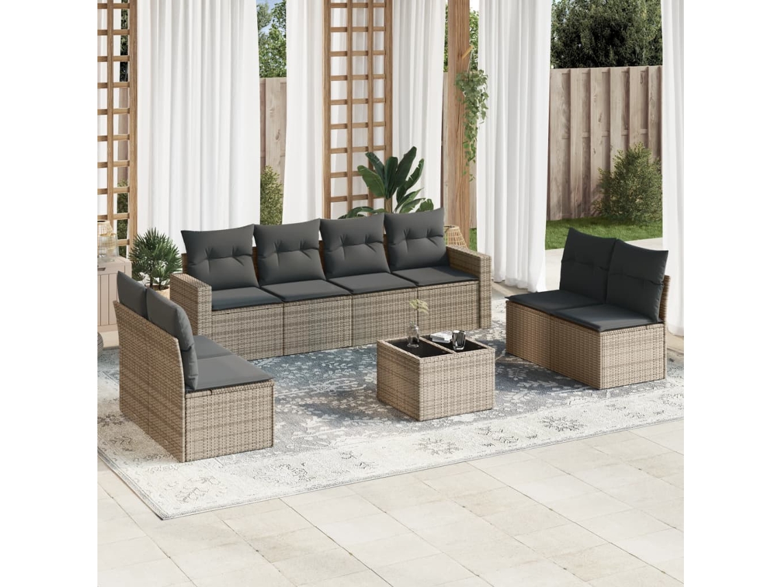 Conjunto 9 de sofás p/ jardim com almofadões vime PE bege