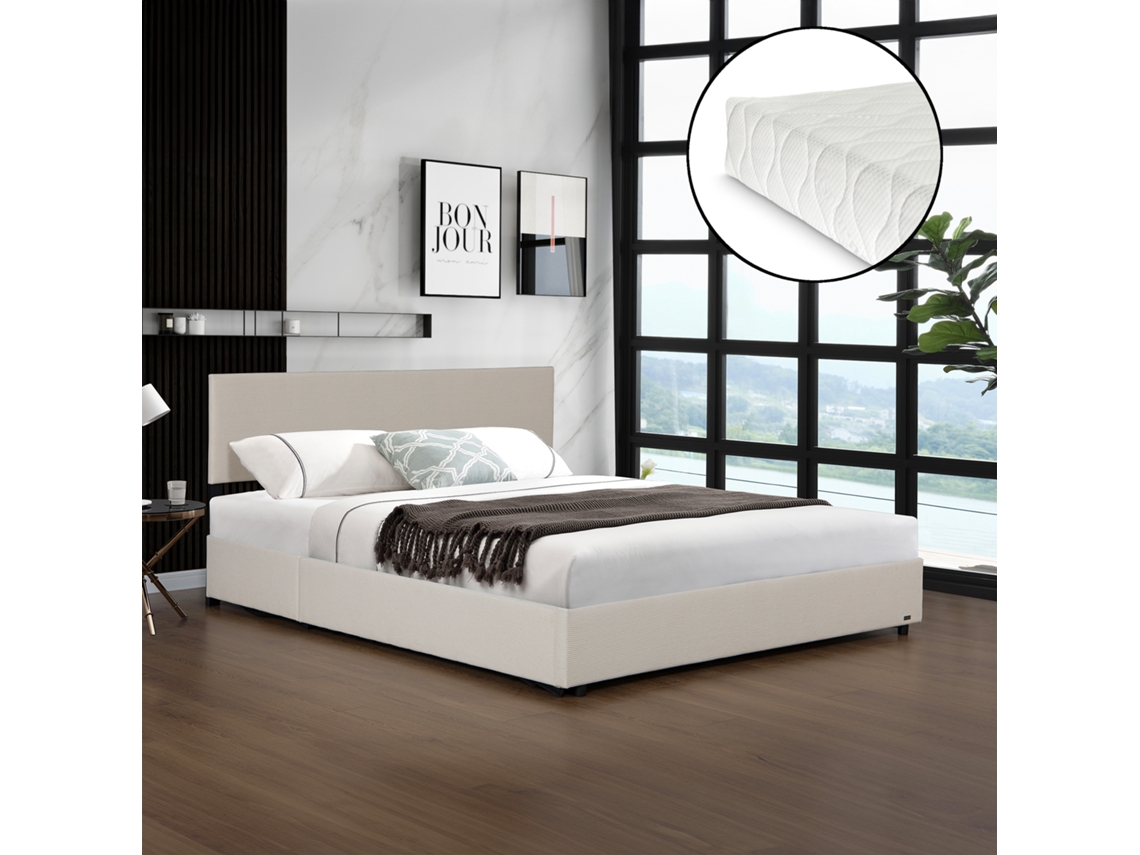 Cama estofada Juva cama de casal com colchão e estrado de ripas rebatíveis 180 x 200 cm - Bege Corium