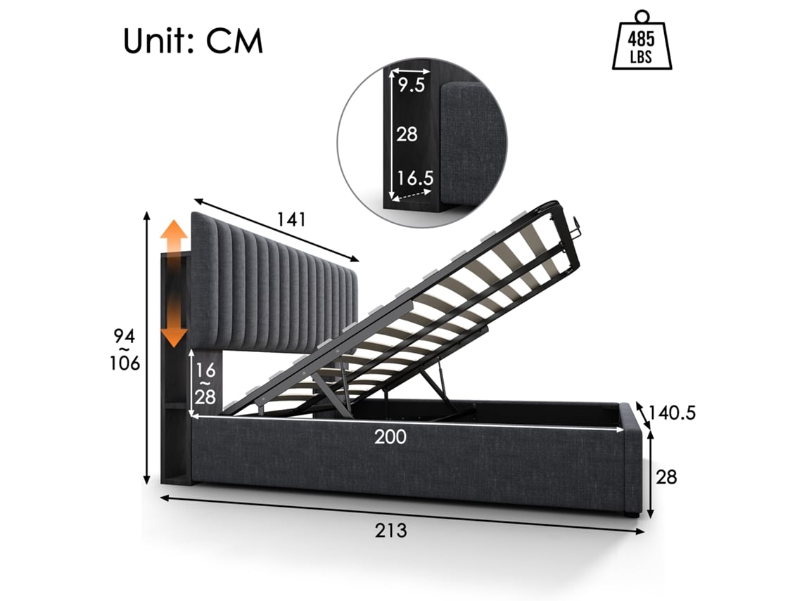 Cama Estofada Arrumação Cama De Casal Cama Led Com Usb Tipo C, Espaço De Arrumação E Cabeceira Ajustável, 140x200cm Cinzento Sem Colchão