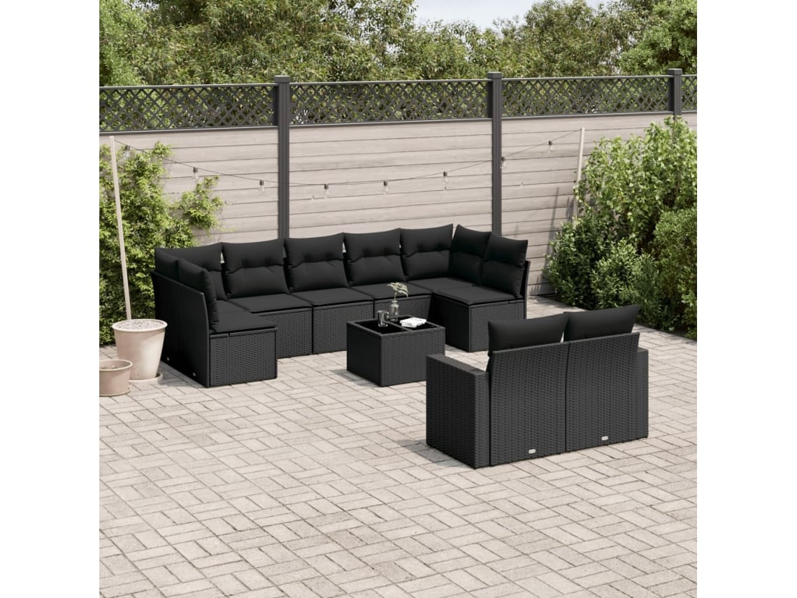 Conjunto 10 sofás de jardim c/ almofadões VIDAXL vime PE preto
