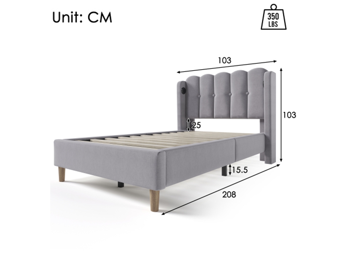 Cama Box Casal Com Usb Tipo C, Estrutura Acolchoada Em Cinza, 90x200 Cm, Inclui Colchão Ideal Para Quarto De Hóspedes Ou Jovem Liptaptyn