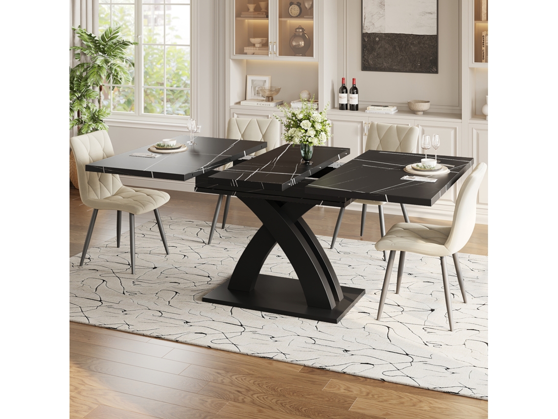 Mesa De Jantar De Madeira Extensível, Ideal Para Sala, Cozinha Ou Terraço, Preto Lustrado, Suporta Até 6 Pessoas Sini Tech Store
