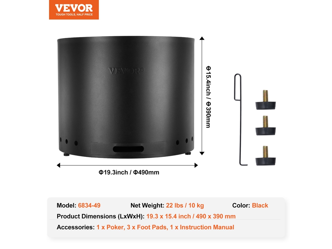 Fogueira Sem Fumaça para Fogueira Fogueira de 19 3 Pol. de Diâmetro Queima de Madeira em Aço Inoxidável VEVOR