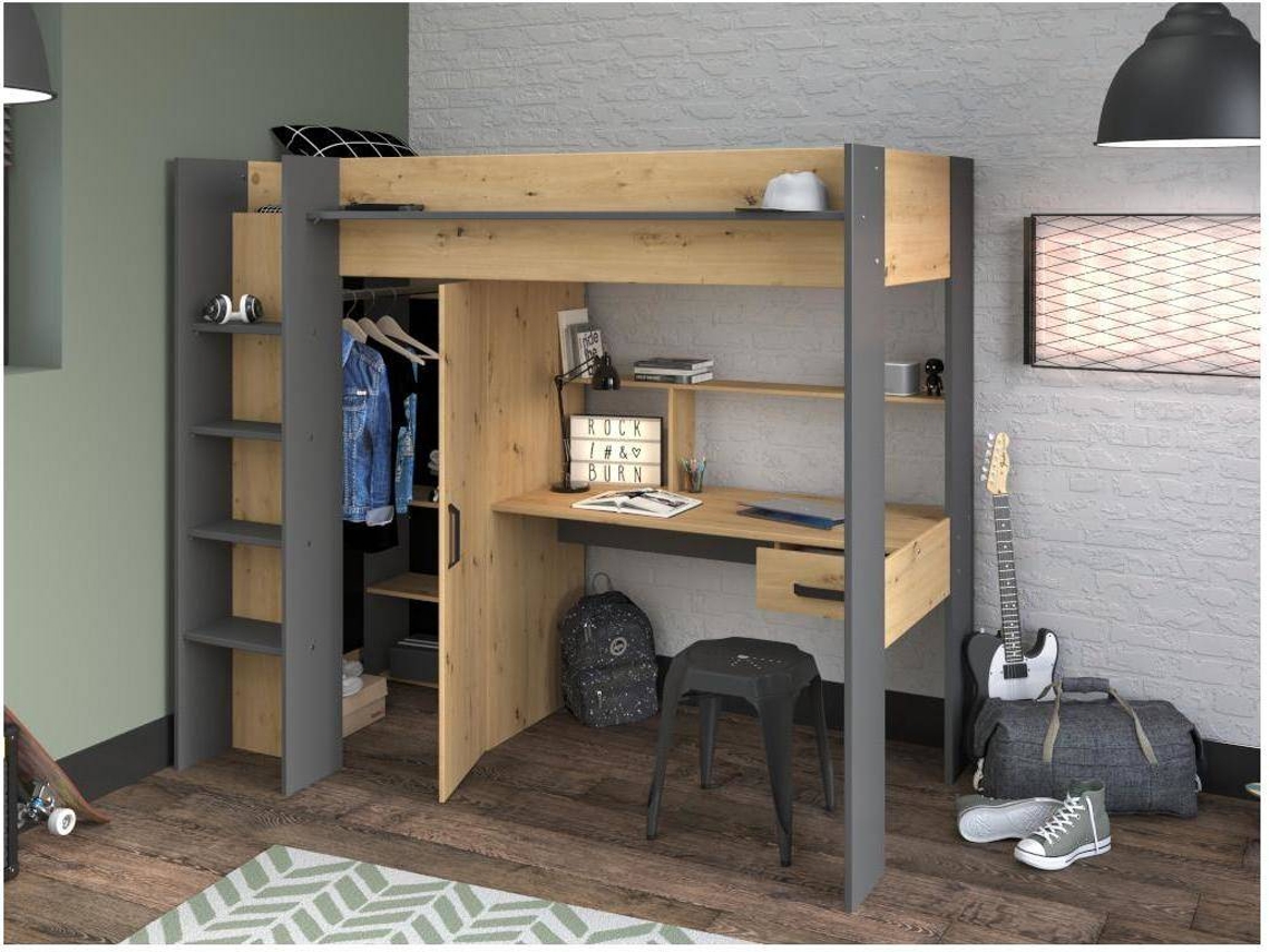 Cama alta AUCKLAND VENTE-UNIQUE Cinza antracite, Natural claro 90x200 cm - Sem colchão - Com sommier