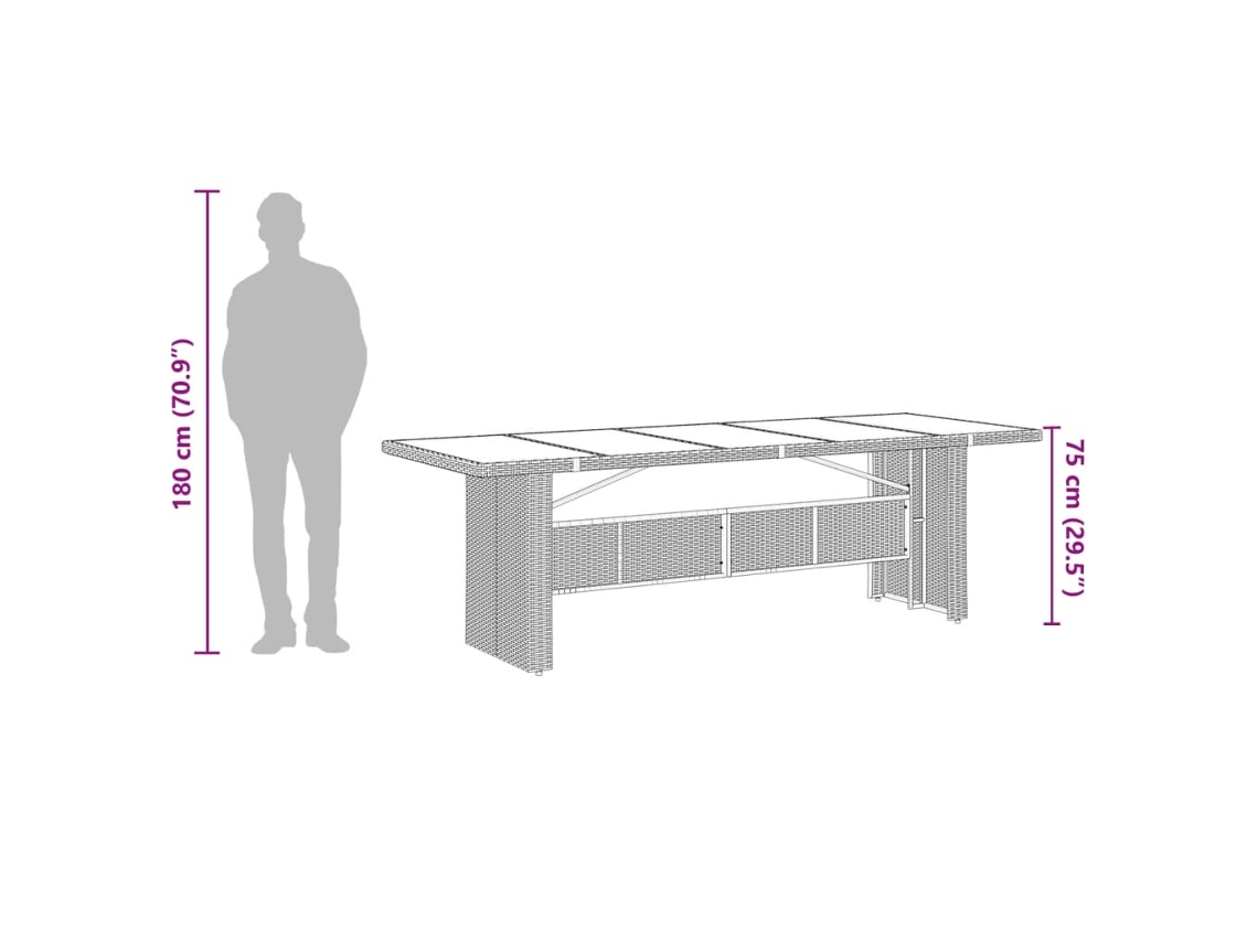 Mesa de Jardim com Tampo de Vidro 240X90X75 Cm Vime Pe Preto PANGSHIYUAN