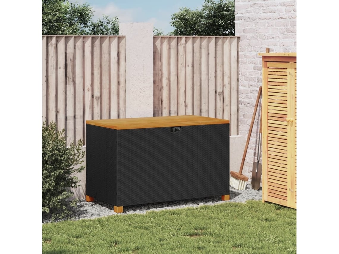 Caixa Arrumação Jardim 110X55X63 Cm Vime Pe/Acácia Maciça Preto PANGSHIYUAN