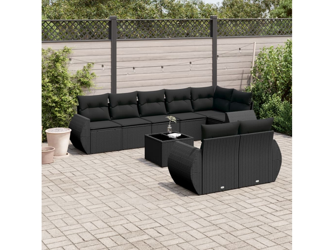 Conjunto 9 de sofás p/ jardim c/ almofadões vime PE preto