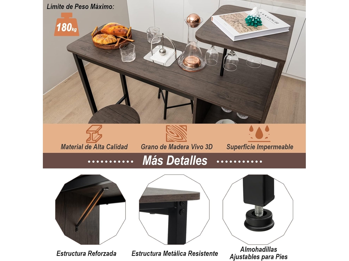 Conjunto de 3 Peças de Mesa de Bar e Cadeiras Mesa e Bancos Industriais Suportes para Copos de Vinho e 6 Prateleiras para Garrafas de Vinho COSTWAY