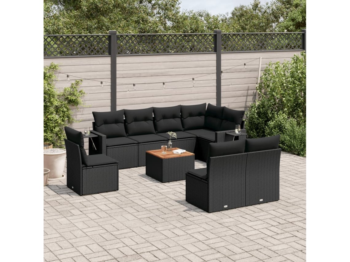 Conjunto 9 de sofás p/ jardim c/ almofadões vime PE preto