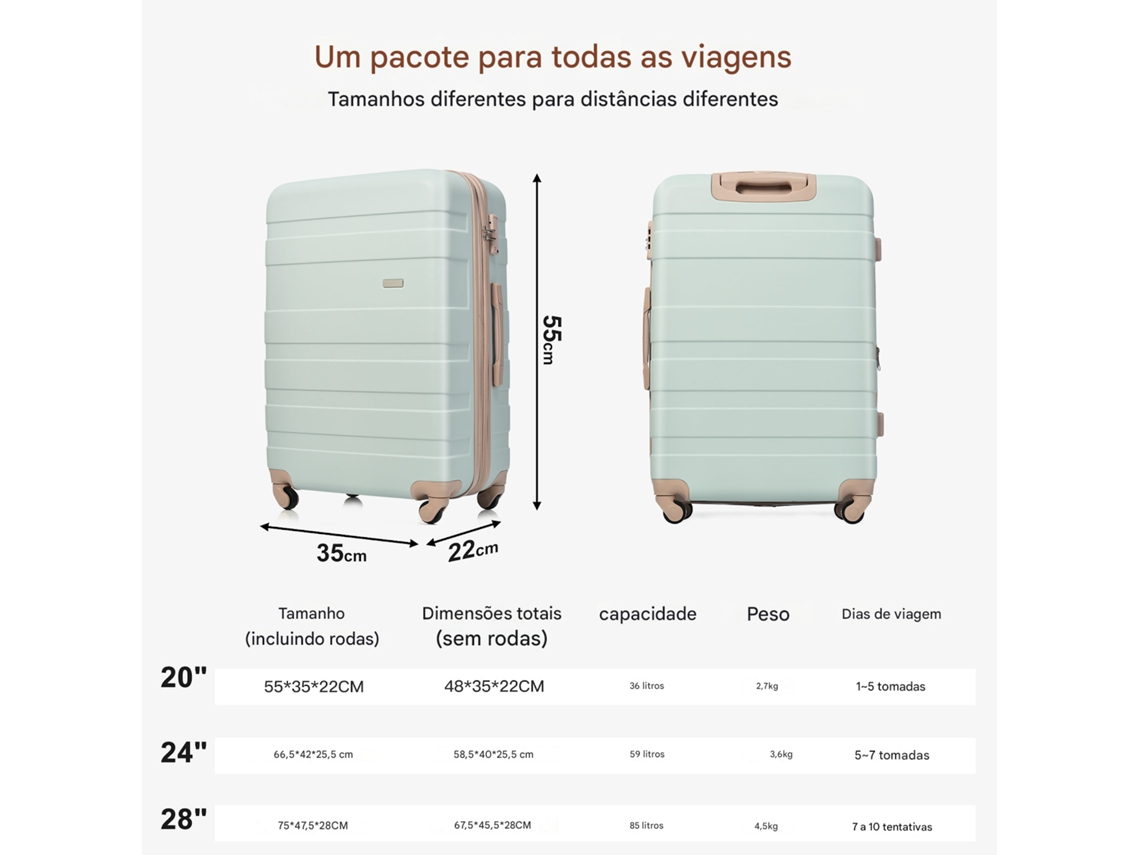 Conjunto De Malas, Tamanhos ML Xl, Malas Rígidas Em Abs, Conjunto De Malas Duráveis, Malas Com Rodas Giratórias E Travas, Incluindo Uma Necessaire.