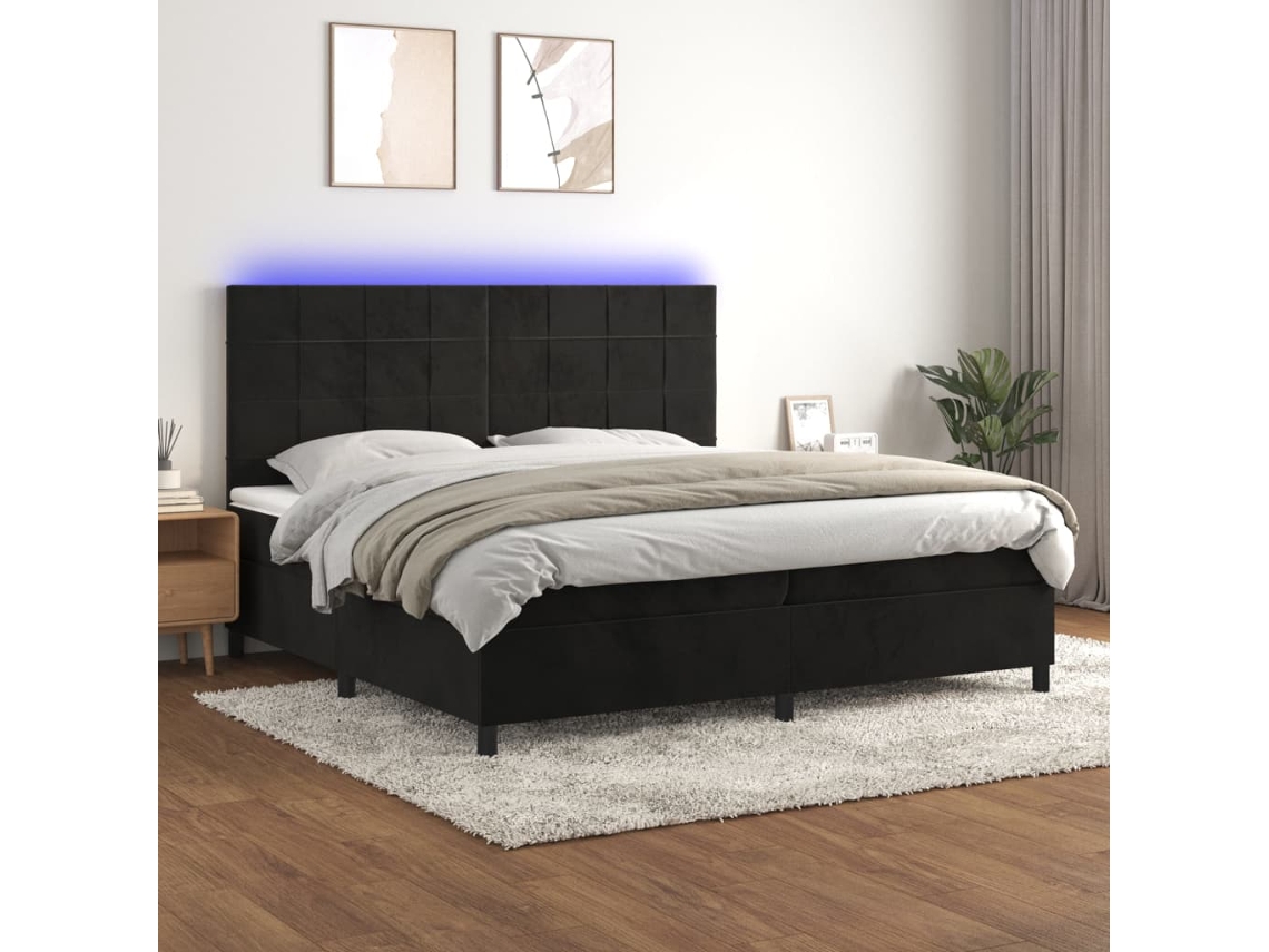 Cama Box Spring VIDAXL Colchão/LED (Preto - Veludo - 200 x 200 cm)