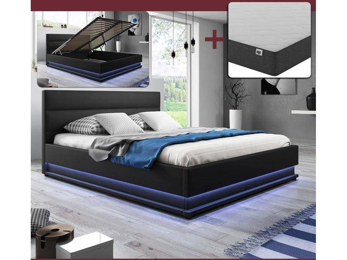 Cama com Colchão Nitas MÓVEIS BONITOS (Preto - LED - Polipele - Colchão 160x200cm - com Estrado Elevatório)