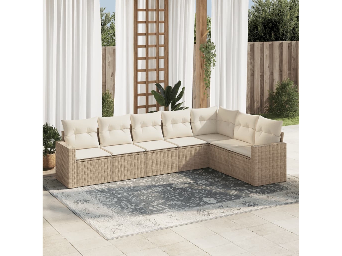 Conjunto 7 de sofás p/ jardim com almofadões VIDAXL vime PE bege