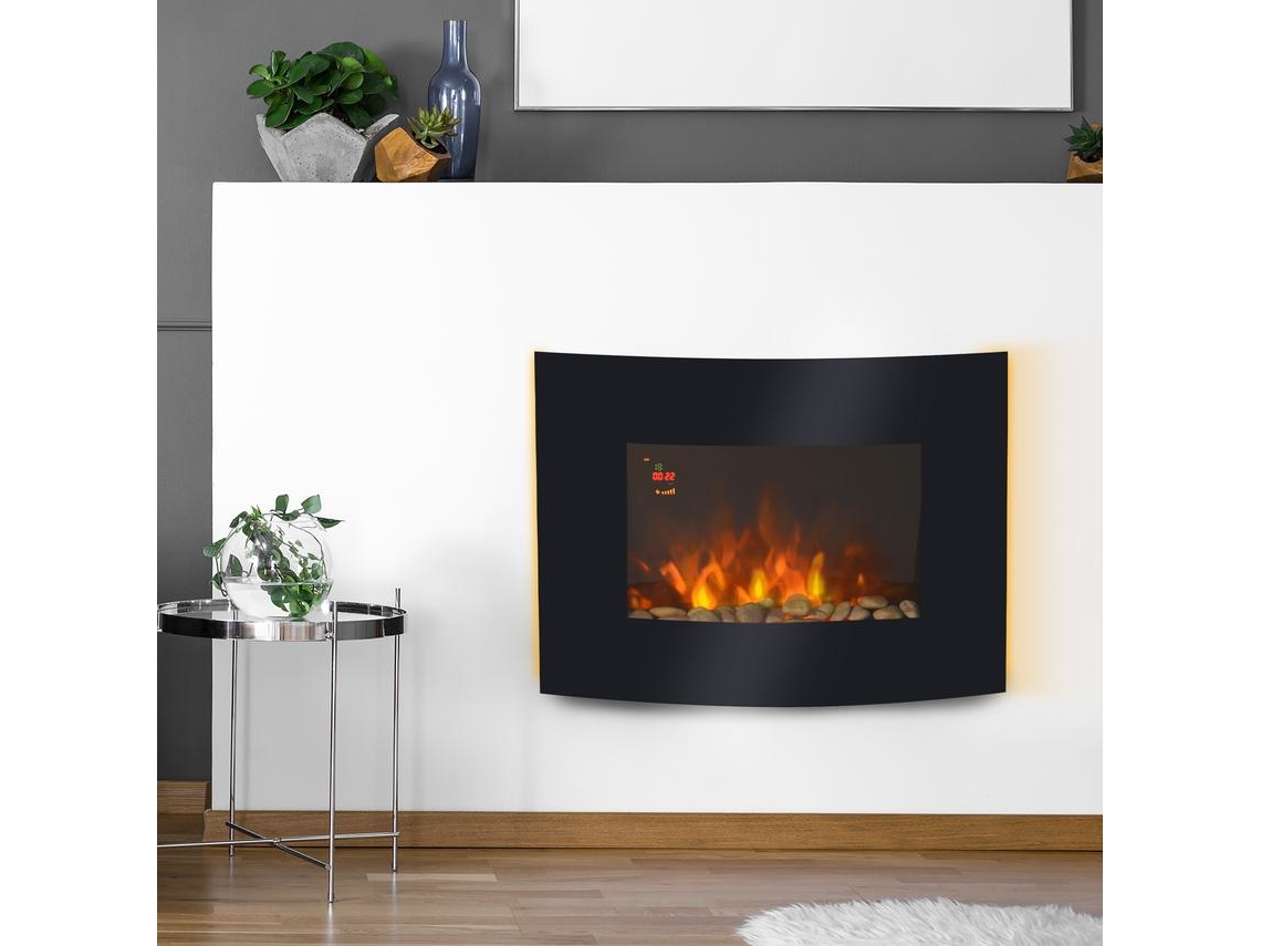 Lareira Elétrica de Parede Vidro Temperado e Chapa de Ferro cor Negro 65x11,4x52 cm HOMCOM