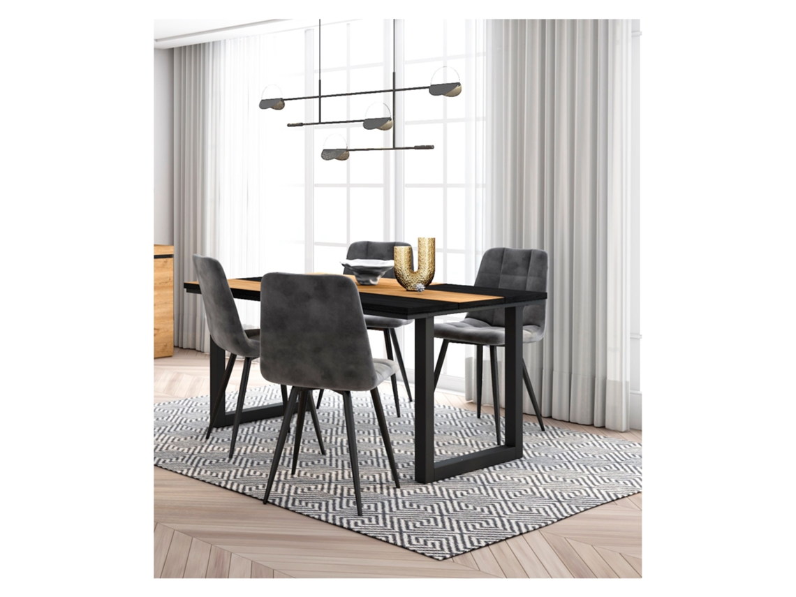 Conjunto Móveis Mesa de Sala de Jantar 140 Oak e Black Industrial Mesa Jantar Conjunto de 4 Cadeiras de Jantar Cadeira Estofada DUERMETE ONLINE