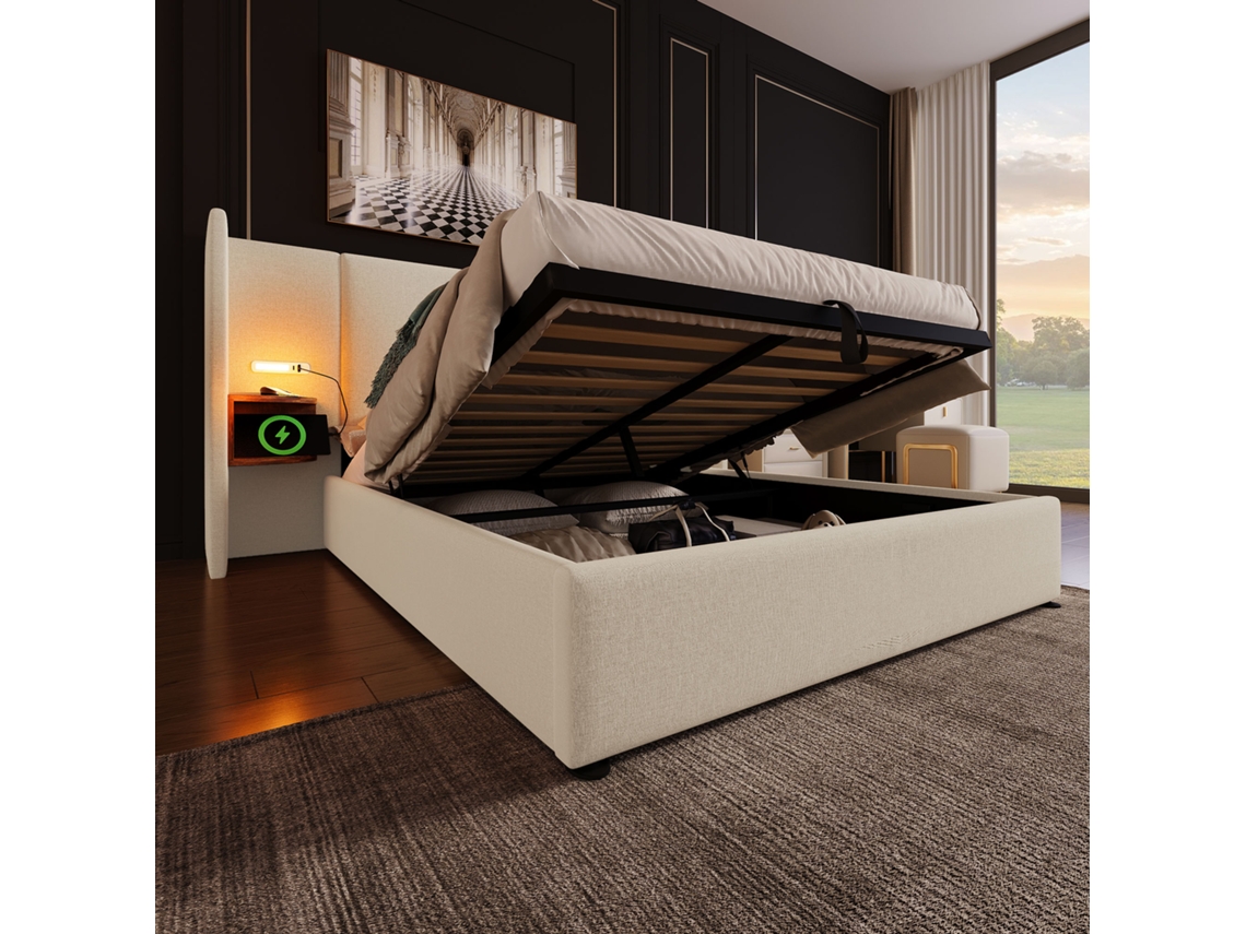 Cama Estofada 160x200 Cm - Cama Com Mesa De Cabeceira, Candeeiro De Leitura, Usb Tipo C, Arrumação, Madeira Maciça E Metal - Bege, Linho, Com Colchão