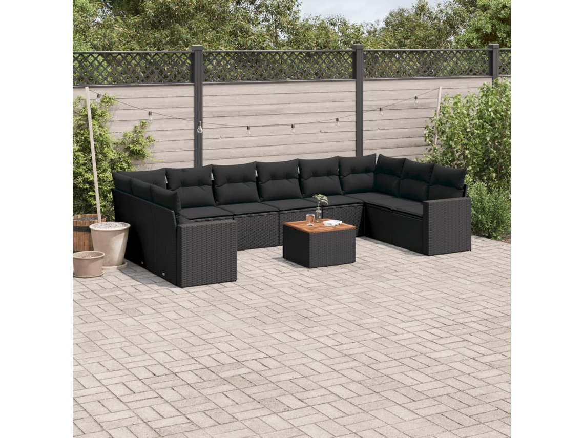 Conjunto 11 sofás de jardim c/ almofadões VIDAXL vime PE preto