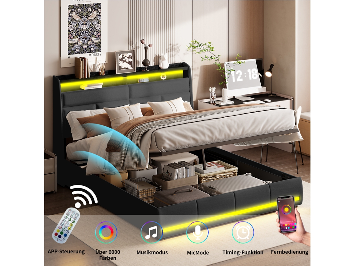 Cama Estofada 160x200 Cm, Cama De Casal, Com Caixa De Armazenamento, App Control Led, Tecido De Couro Pu Preto