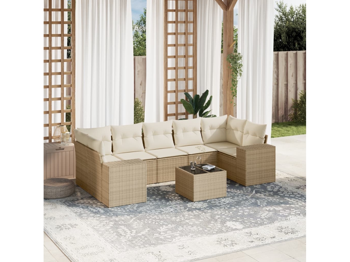 Conjunto 8 de sofás p/ jardim VIDAXL com almofadões vime PE bege