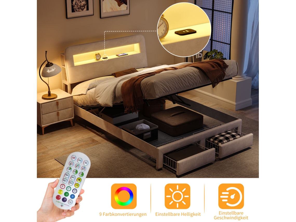 Cama Estofada 160x200 Cm, Cama De Casal, Usb Tipo C, Cama Com Arrumação E 2 Gavetas, Comando Remoto Para Luzes Led, Tecido De Veludo Bege