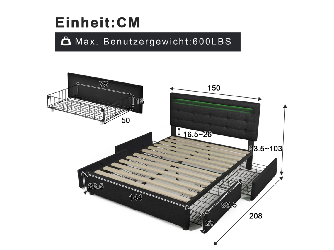 Caixilharia Com Led E 4 Gavetas, Cama De Casal Estofada Cama 140x200cm, Cabeceira De Altura Ajustável, Preta Sem Colchão